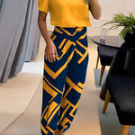 Casual V-Neck Printed Short Sleeve Long Pants Two-Piece Set