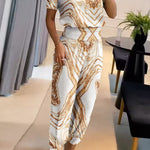 Casual V-Neck Printed Short Sleeve Long Pants Two-Piece Set