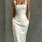 Women's Simple White Cotton And Linen Blend Sleeveless Midi Dress