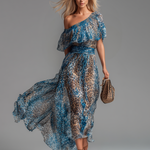 Stylish And Elegant Off-the-shoulder Short-sleeved Leopard Print Chiffon Maxi Dress