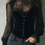 Gothic Lace Trim Black Velvet Corset Blouse With Sheer Sleeves