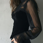 Gothic Lace Trim Black Velvet Corset Blouse With Sheer Sleeves