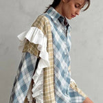 Sky Blue Plaid Print Patchwork Ruffle Shirt