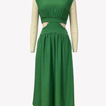 Cap Sleeve Belly-Hollow Pleated Solid Color Stand Collar Maxi Dresses