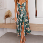 Spaghetti Strap Midi Dresses Sexy Deep V Neck Backless Floral Print Side Slit Maxi Dress