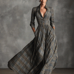 Women's Grey Sophisticated Tartan - Patterned Linen - Blend Flared Maxi Dress