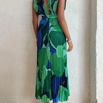 Loose Sleeveless Pleated Printed Split-Joint Deep V-Neck Maxi Dresses