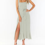 Tie-straps Ruffled Square Collar Sleeveless Slit Mid-length Dress