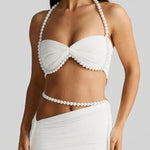 Imalia Stretch Mesh Pearl Trim Gathered Tank and Detachable Belt Vacation Maxi Skirt Set
