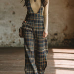 Classic Retro Blue Plaid Side-button Wide-leg Overalls