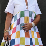 Loose Short Sleeves Printed Rainbow Plaid V-Neck Midi Dresses