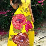 A-Line Sleeveless Flower Print Split-Joint V-Neck Maxi Dresses