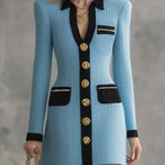 Vintage Classic V-neck Front Metal Button Black Trim Sky Blue Tweed Mini Dress