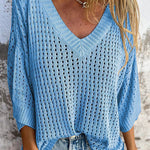 Fashionable Hollow V-neck Long-sleeved Casual Loose Knitted Top