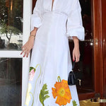 A-Line High Waisted Buttoned Flower Print Lapel Maxi Dresses Shirt Dress