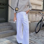 Two Piece Outfits Casual Lounge Sets Long Sleeve Stripes T-Shirt with Wide Leg Pants