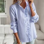 Nadorine Ruffle Trim Button Front Shirt Regular Fit Long Sleeve Work Blouse