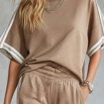 Casual Everyday Sports Striped-trim Khaki T-shirt And Pants Set