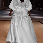 High Waisted Puff Sleeves Falbala Solid Color V-Neck Maxi Dresses