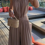 Lightweight Chic Metal Ring Drape Cowl Halter Neck Bodysuit and Elastic Waist Wide Leg Pants Set