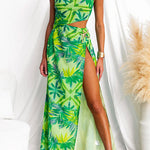 One Shoulder Cut Out High Slit Printed Maxi Dress