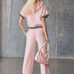 Elegant Fashion Sporty Hooded Front Zipper Short-sleeved Pink Cotton Top And Pants Set