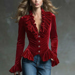 Fashion Retro Cocoa Brown Velvet V-Neck Ruffled Long-Sleeved Shirt