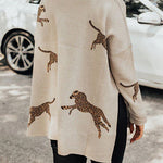 Margovil High Neck Side Slit Cheetah Pattern Sweater
