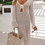 Margovil V Neck Long Sleeves Backless Crochet Hollow Out Knit Maxi Dress