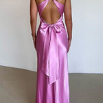 Margovil V Neck Back Tie Bow Cut Out Satin Maxi Dress