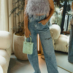 Margovil Strapless Faux Feather Crop Top