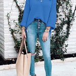 Margovil Buttons V Neck Side Split Waffle Knit Sweater