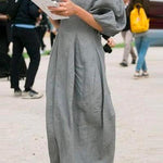 Margovil Lantern Sleeve Ruched Midi Cotton Linen Dress