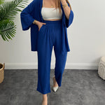 Two-Piece Set Long Sleeve Shirt Solid Color Pleated Elastic Waist Long Pants