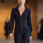 Retro Red Topstitched Navy Denim Long Sleeve Flared Tassel Jumpsuit