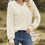 V-Neck Solid Color Twisted Knit Long Sleeve Loose T-Shirt Tops