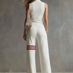 Sporty Retro White Striped Embroidered Sleeveless Vest And Wide-Leg Pants Set