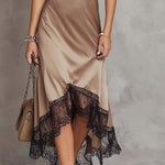 Vintage Contrast Lace Trim Irregular Hem Polyester Satin Midi Dress