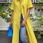 Loose Short Sleeves Buttoned Pockets Solid Color Stand Collar Blouse Outerwear Midi Dress