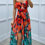 Loving Moment Gradient Unique Print Flowing Layered Ruffles Strapless Slit Maxi Dress