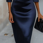 Elegant Satin Draped-Collar Midi Dress With Black Belt