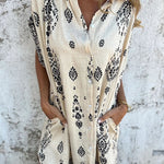 Linen Blend Unique Print Lapel Casual Pocket Mini Dress