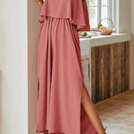 Comfort slit ruffled suspenders jumpsuit