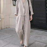 Single-breasted Casual Cropped Loose Wide-leg Jumpsuit with Drawstring