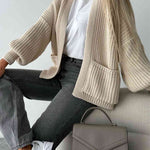 Solid Color V-neck Long-sleeved Casual Knitted Cardigan