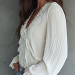 Vintage Victorian V-Neck Ruffle Lace Blouse