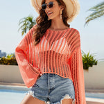 Nadorine Women's Crochet Hollow Out Long Sleeve Beach Bikini Swimsuit Mesh Cover Up Tunic Top