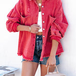 Nadorine Cropped Jacket Frayed Hem Button Long Sleeves Casual Loose Solid Color Denim Jacket