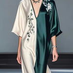 Half Sleeves Loose Contrast Color Flower Print V-Neck Maxi Dresses