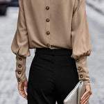 Brown Basic Leg-of-mutton Sleeve Round Neck Blouse